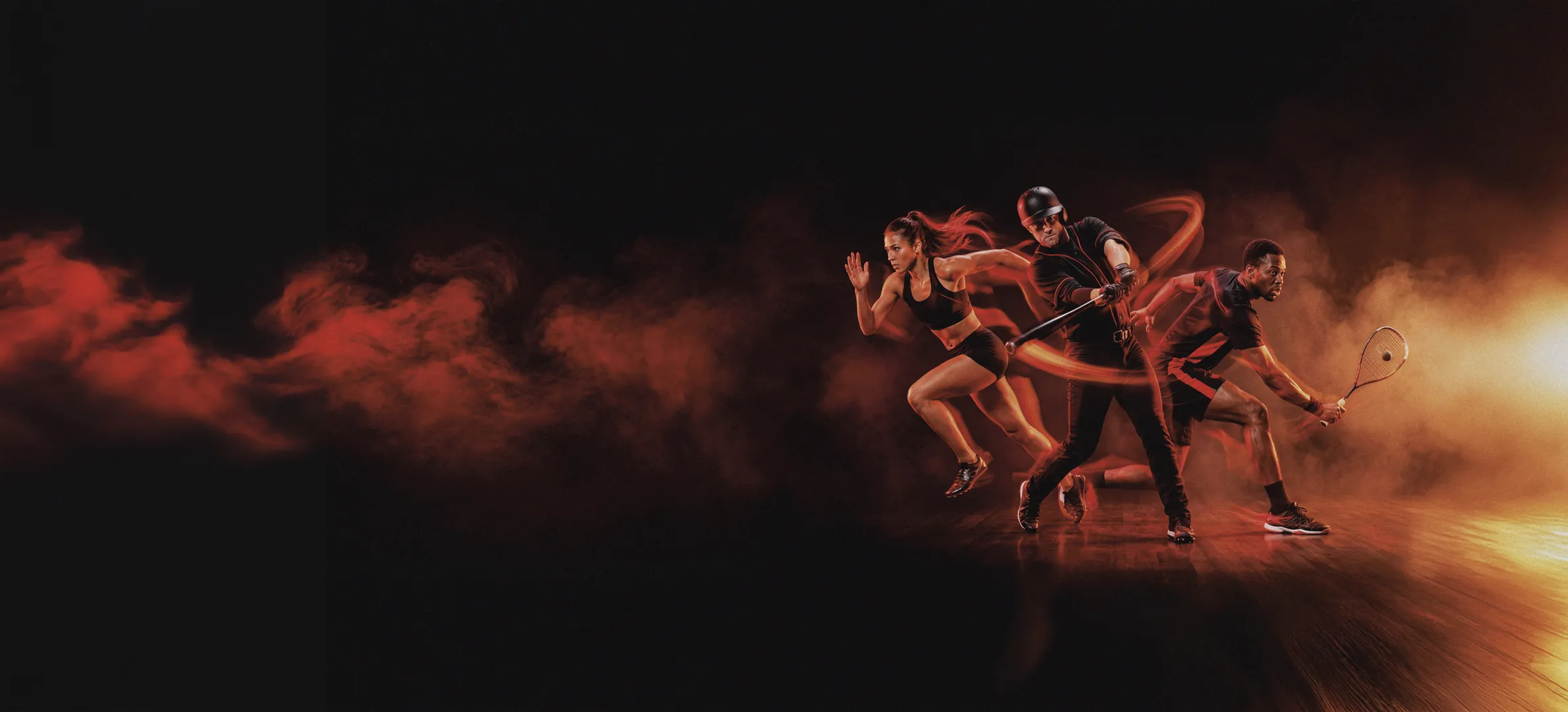 A runner, a baseball hitter and a squash player in action, lit in red.